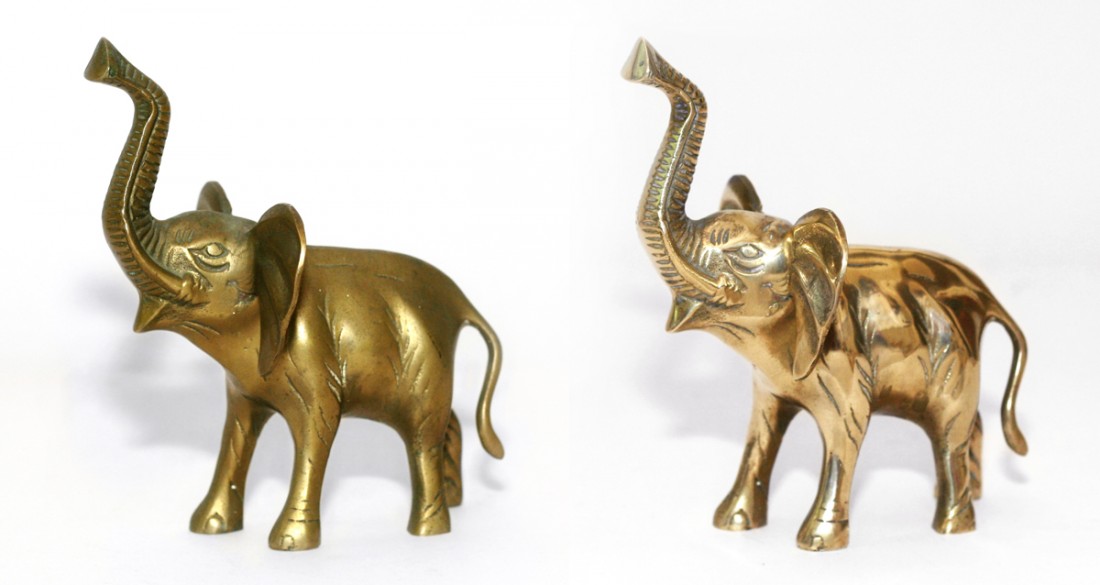 vintage brass elephant with patina and after polishing
