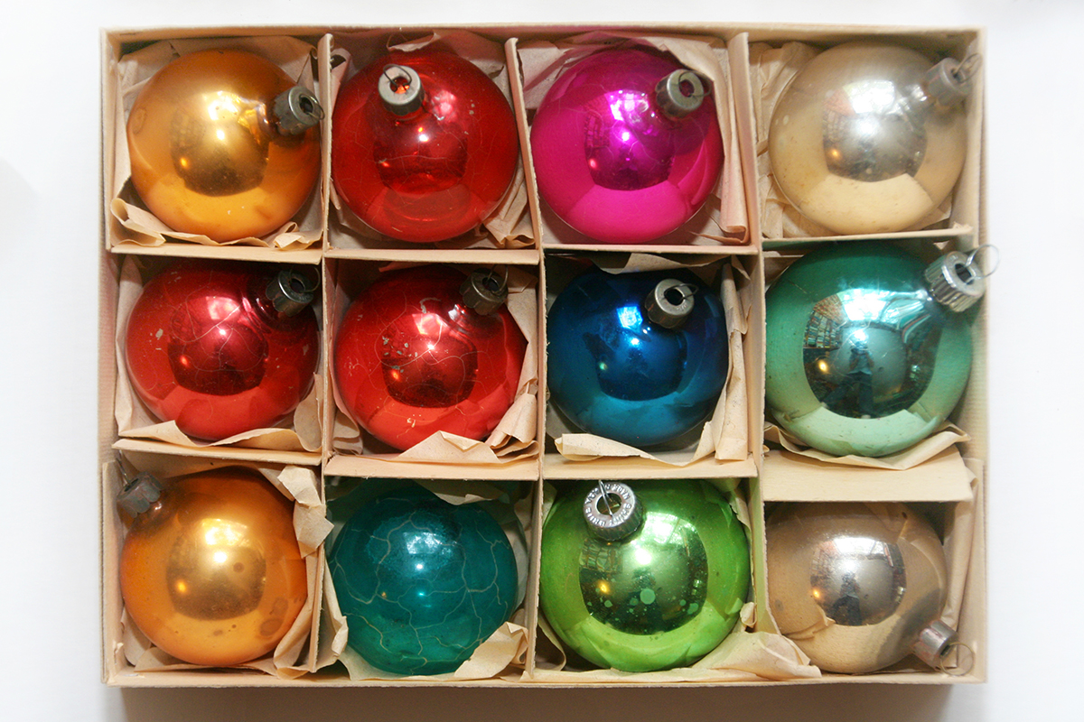 Box of Vintage Shiny Brite Ornaments